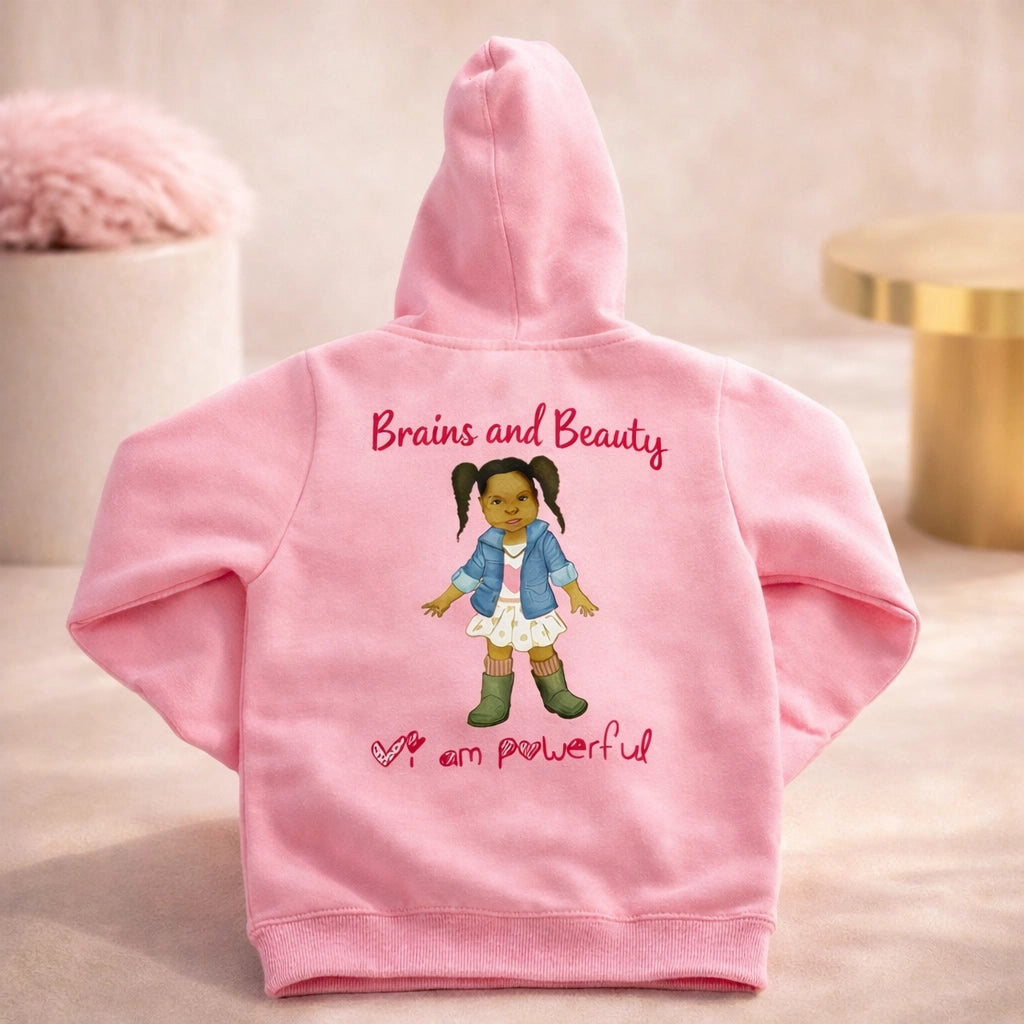 Back of pink girls hoodie with Brains and Beauty Dolls design and “I am powerful” message for confidence