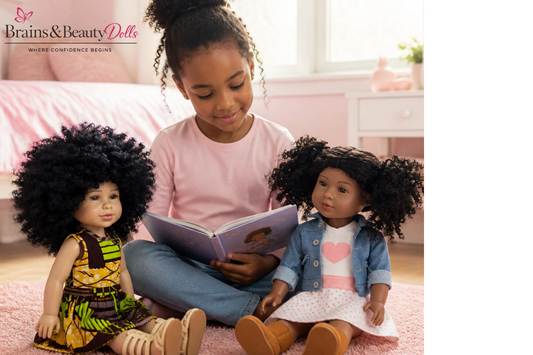 Young girl reading with diverse dolls while building confidence, empathy, communication skills, and emotional intelligence through play.