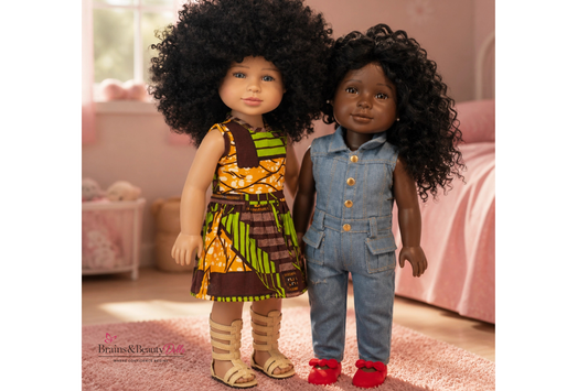 Two diverse dolls with different skin tones and hairstyles representing confidence, identity, diversity, and positive representation through play.