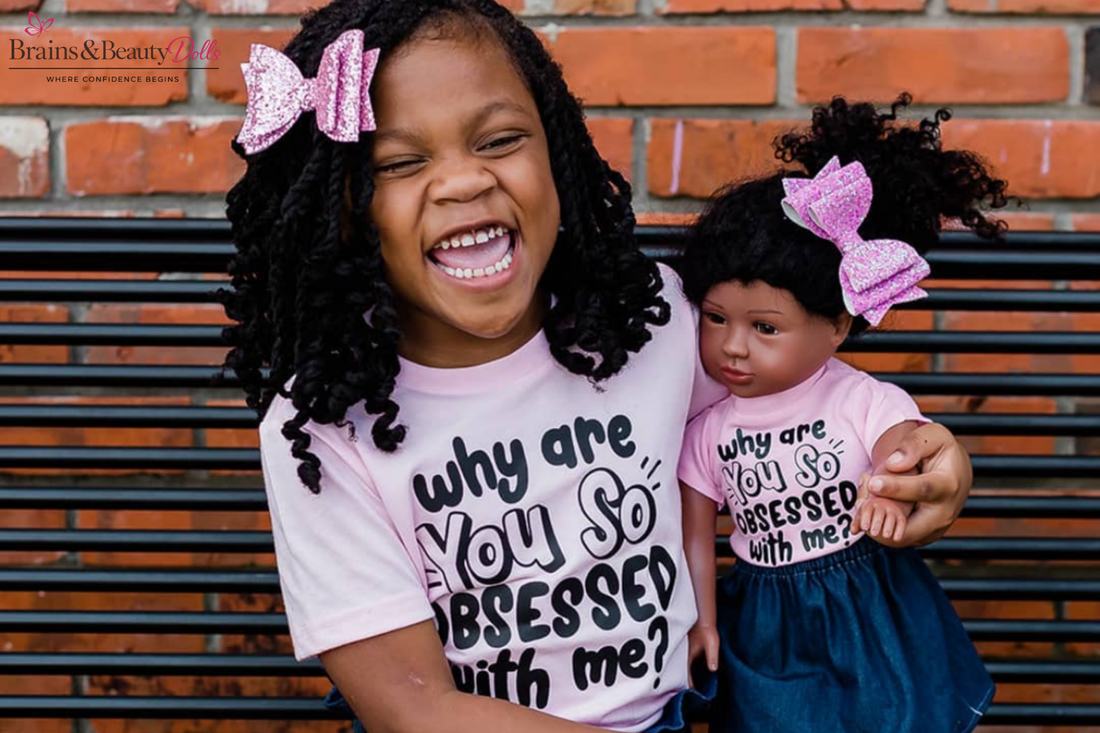 Black girl playing with a doll that looks like her