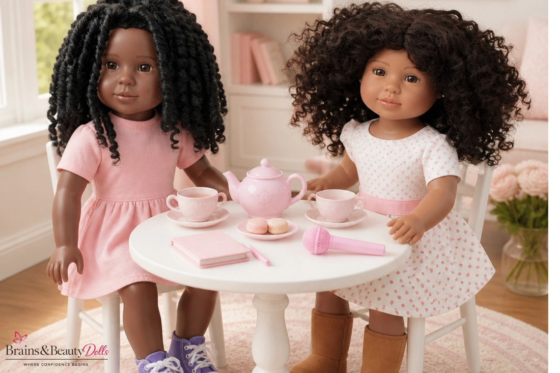 Diverse dolls enjoying a tea party to encourage creativity, imagination, friendship, and confidence through play.