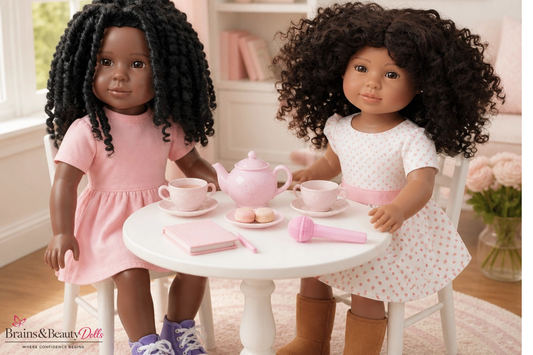 Diverse dolls enjoying a tea party to encourage creativity, imagination, friendship, and confidence through play.