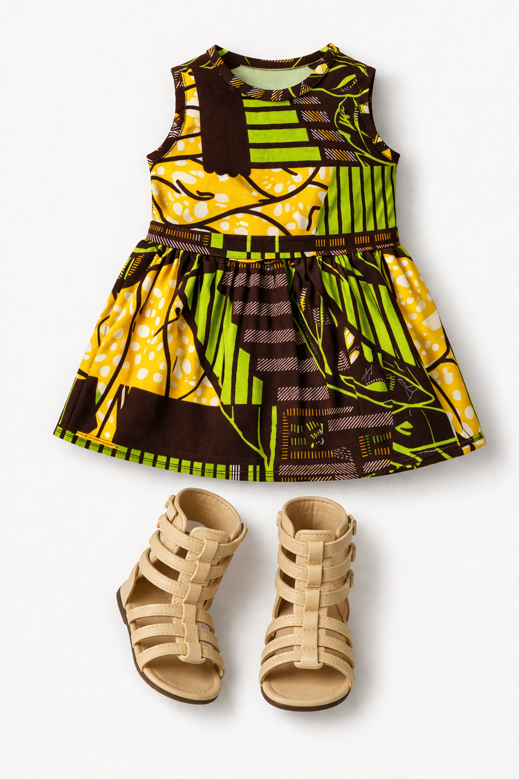 18-inch doll wearing African print dress and sandals inspired by Future Lawyer Khari in a home setting
