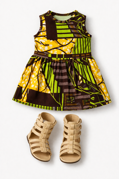 18-inch doll wearing African print dress and sandals inspired by Future Lawyer Khari in a home setting