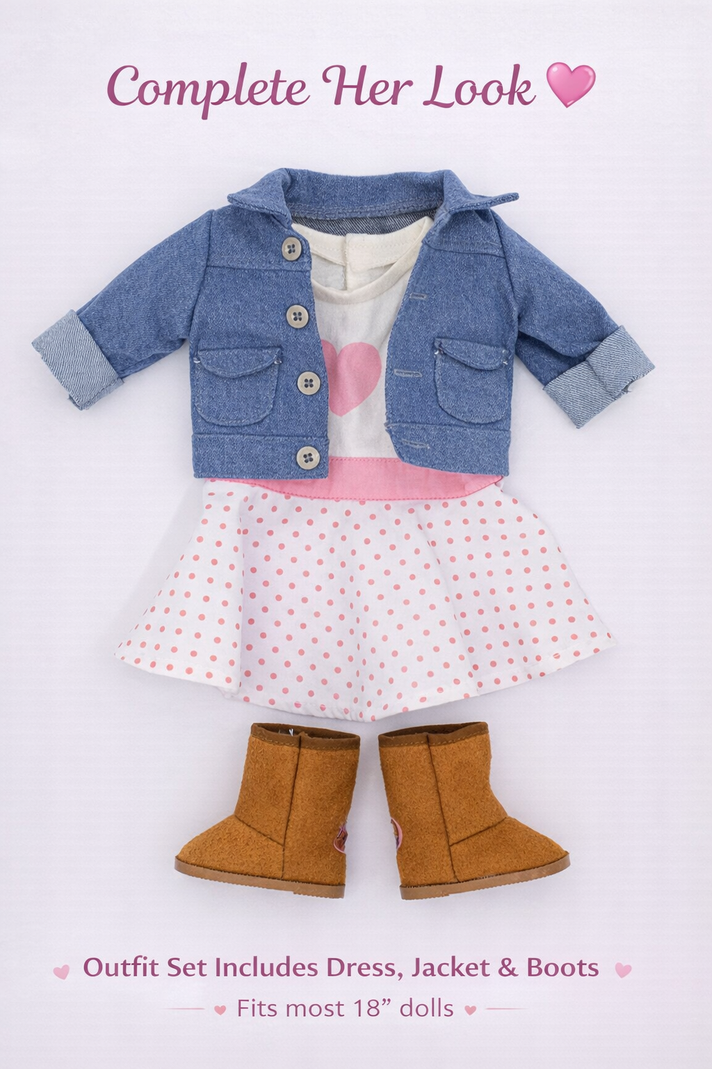18 inch doll outfit set with dress jacket and boots”
doll wearing stylish outfit for 18 inch dolls”