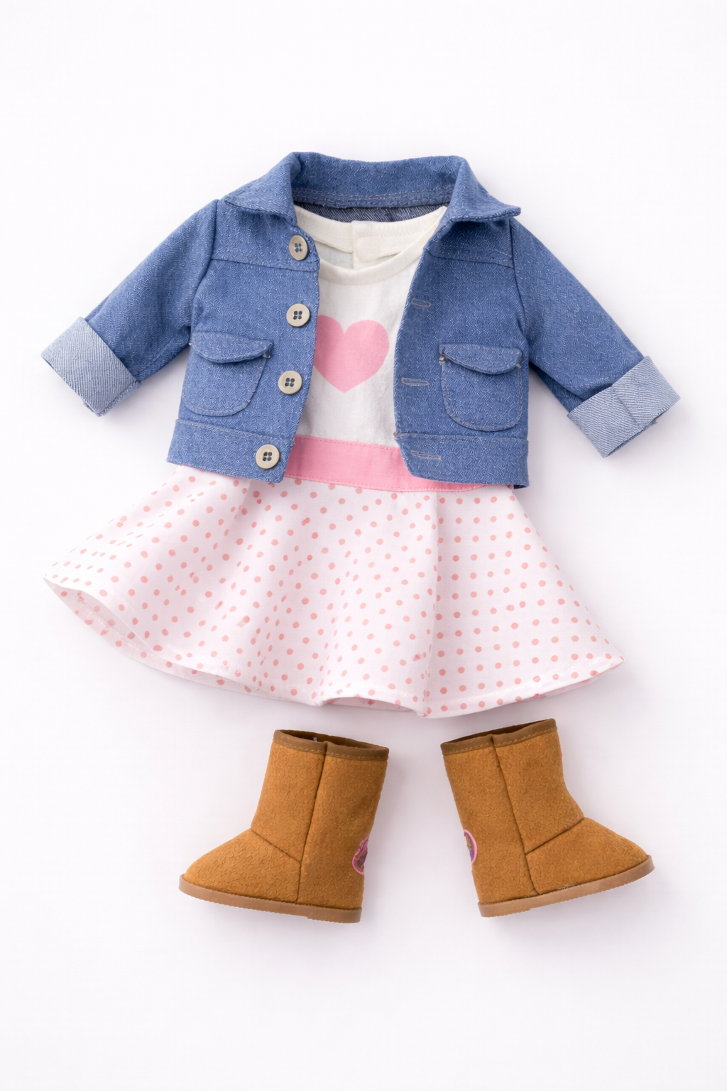 “18 inch doll outfit set with dress jacket and boots”
“doll wearing stylish outfit for 18 inch dolls”