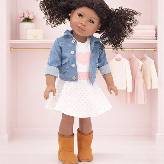 “18 inch doll outfit set with dress jacket and boots”
“doll wearing stylish outfit for 18 inch dolls”