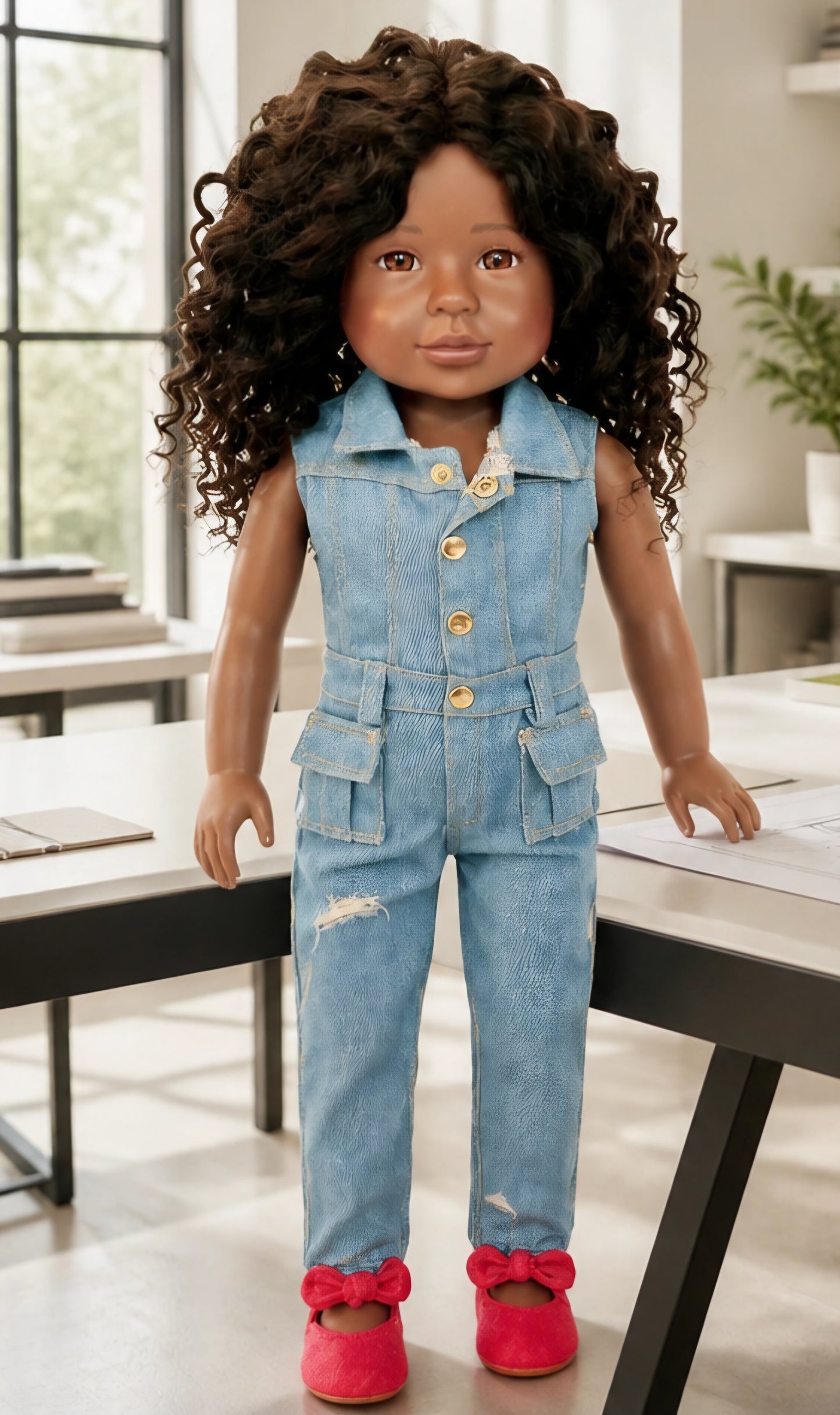 Denim Jumpsuit Outfit for 18” Dolls | Red Shoes Included