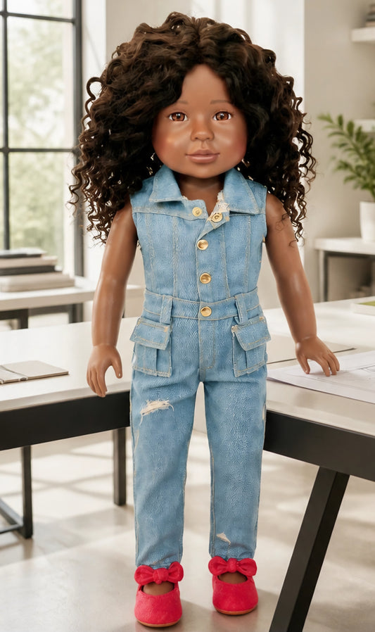 Denim Jumpsuit Outfit for 18” Dolls | Red Shoes Included