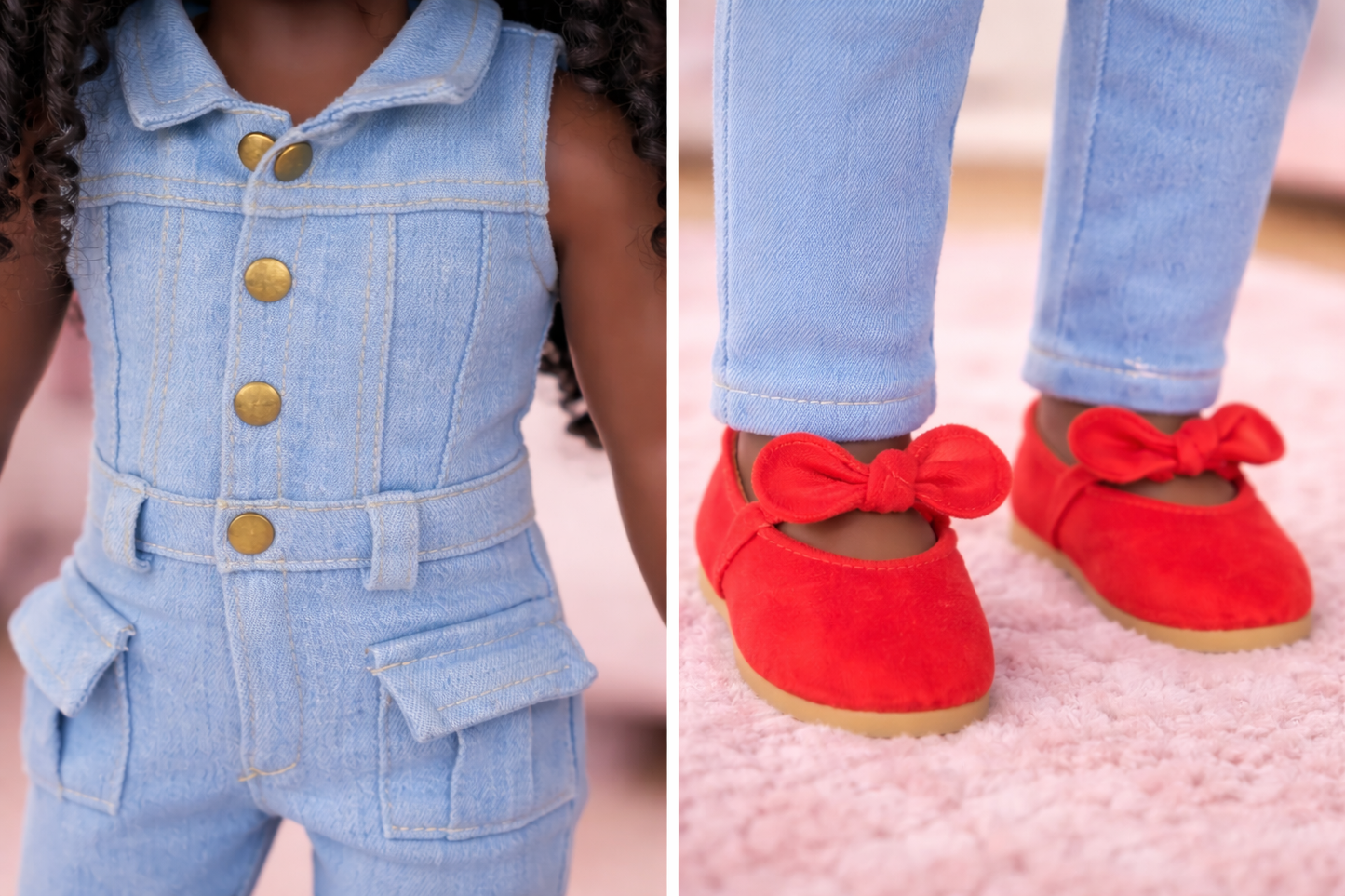 Denim Jumpsuit Outfit for 18” Dolls | Red Shoes Included
