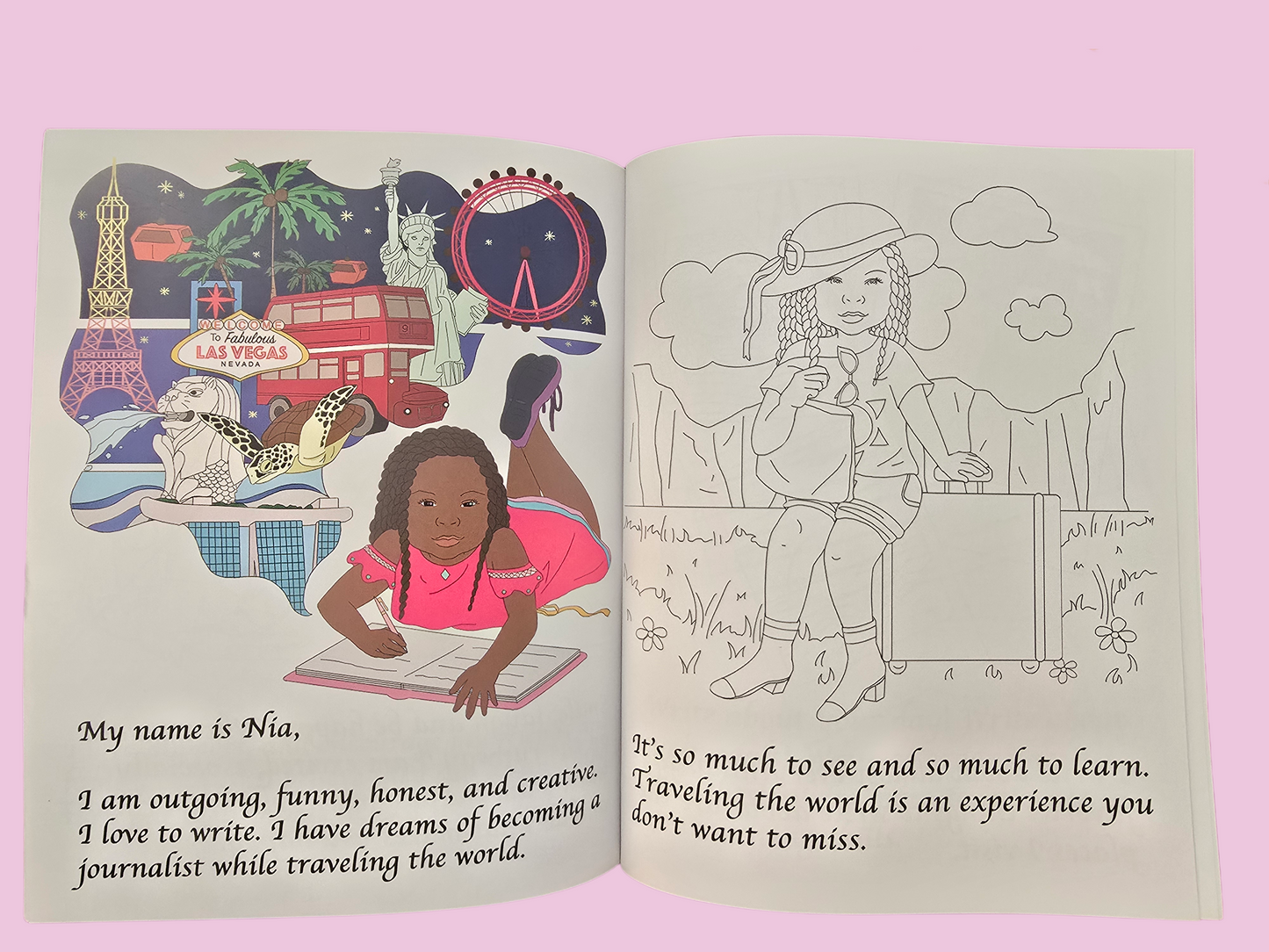 Discovering Who I Am confidence-building reading and coloring book for girls open pages showing activity and illustration