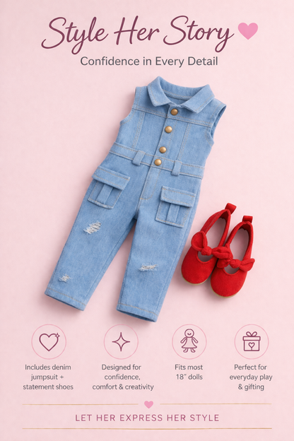 Denim Jumpsuit Outfit for 18” Dolls | Red Shoes Included