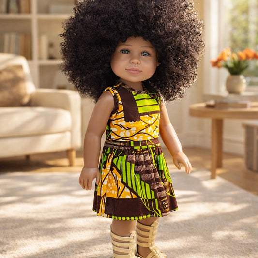 African print doll dress with matching sandals inspired by Future Lawyer Khari for 18-inch dolls