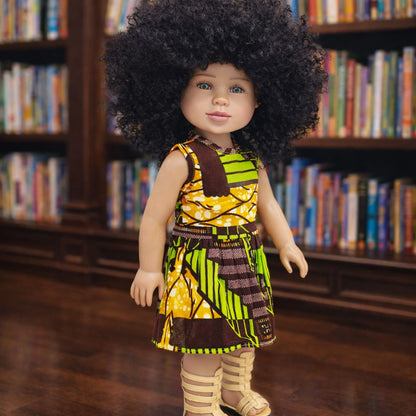 18-inch doll in African print dress inspired by Future Lawyer Khari in a learning and library setting