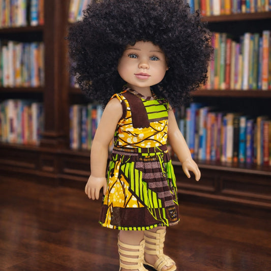 18-inch doll in African print dress inspired by Future Lawyer Khari in a learning and library setting