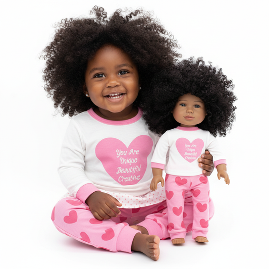 Matching girl and doll pajamas set with positive affirmation design, featuring a smiling young girl holding her 18 inch doll wearing coordinating heart print sleepwear