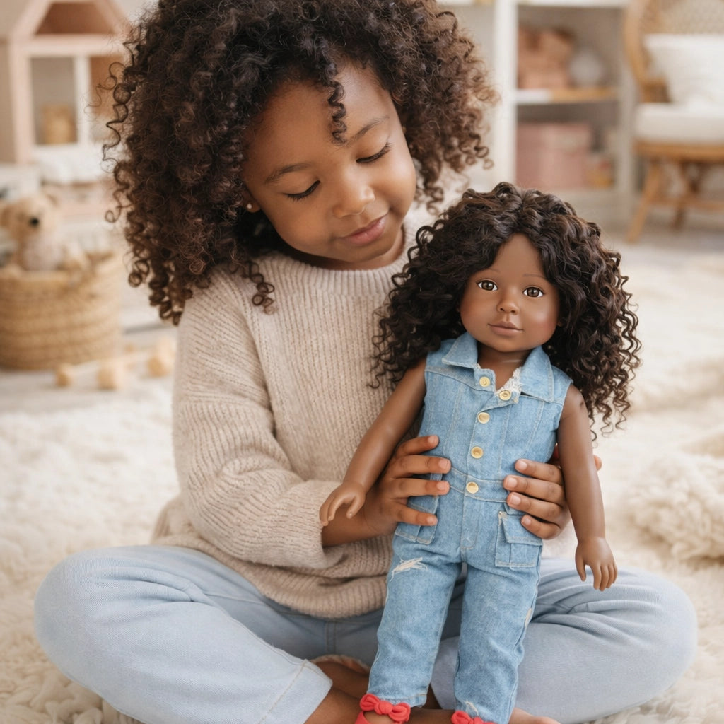 Young girl smiling while playing with London doll, promoting confidence, creativity, and imaginative play
