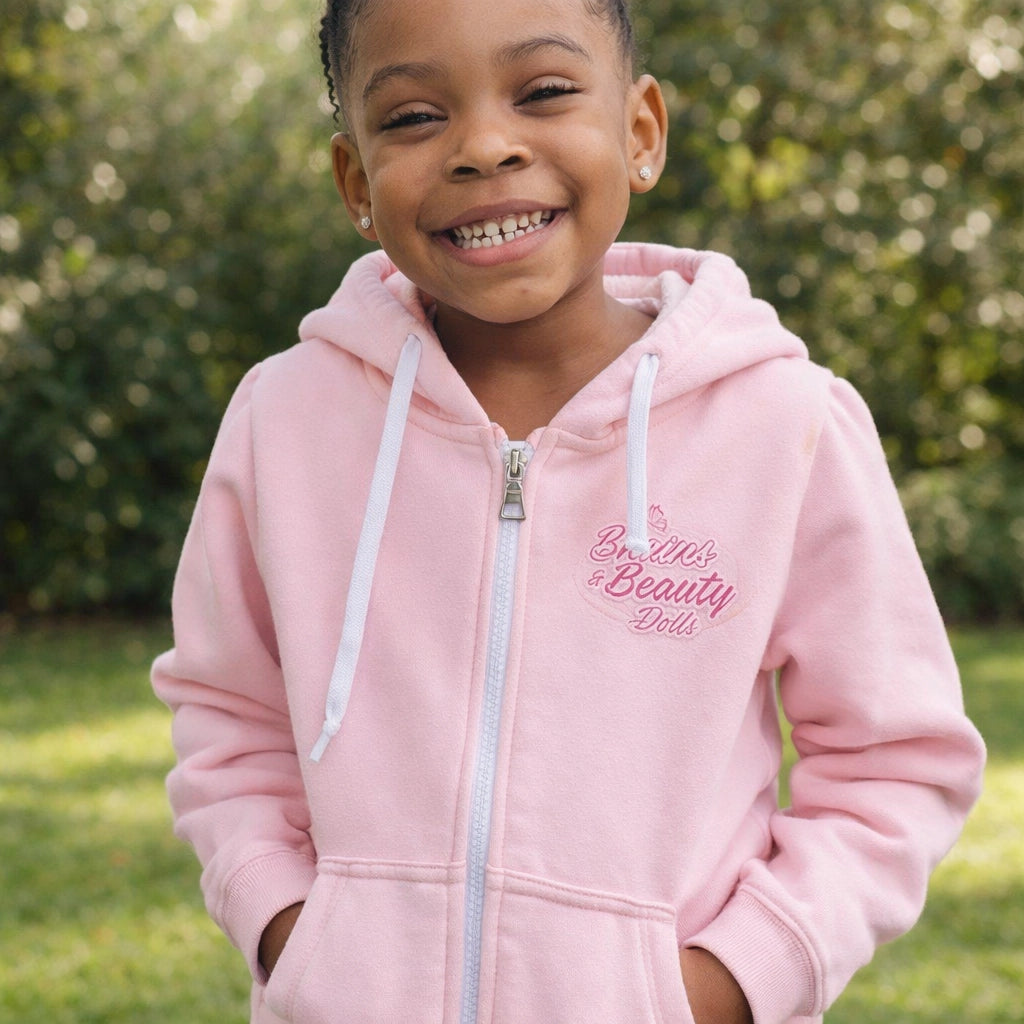 Young girl wearing pink Malia Confidence Hoodie, kids confidence clothing for everyday style and comfort