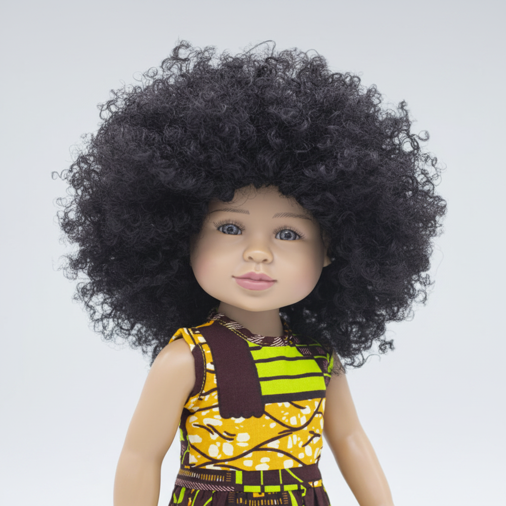 Close-up of Khari future lawyer doll face with natural curly hair and realistic features inspiring confidence for girls
