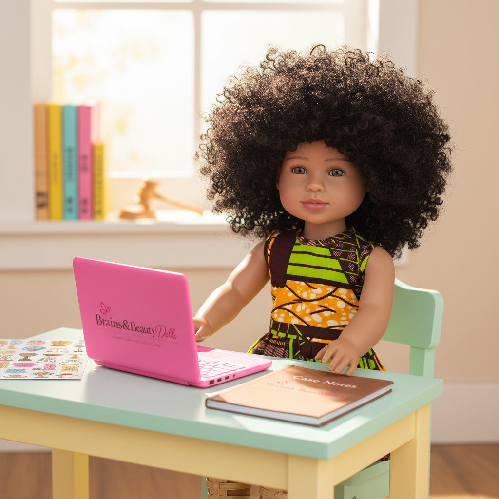 Khari future lawyer doll sitting at desk with laptop and case notes inspiring confidence leadership and imagination for girls