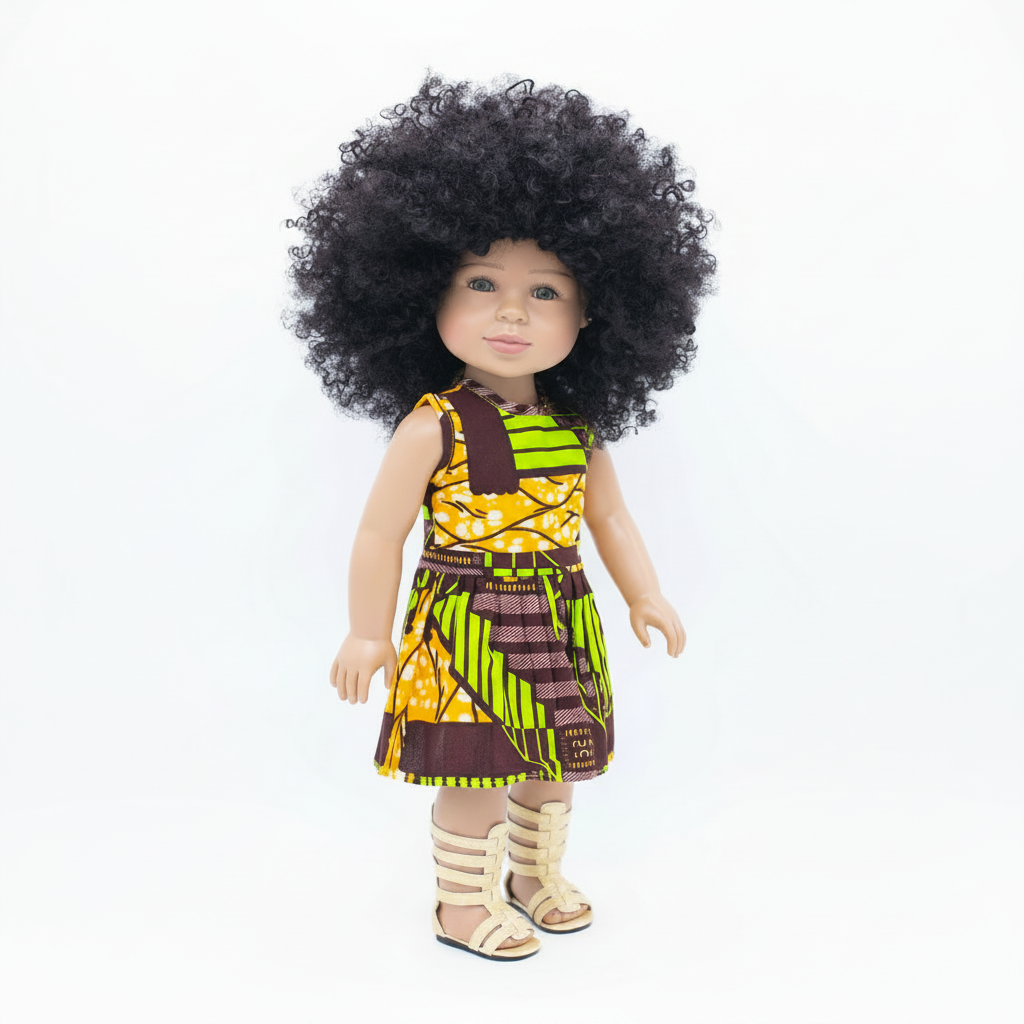 Khari future lawyer doll full body with natural curly afro hair wearing colorful dress and sandals for girls
