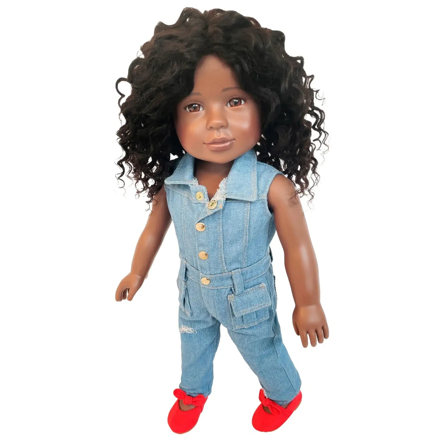 London 18-inch doll angled view showing denim outfit with cargo pockets and red shoes
