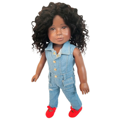 London 18-inch doll angled view showing denim outfit with cargo pockets and red shoes
