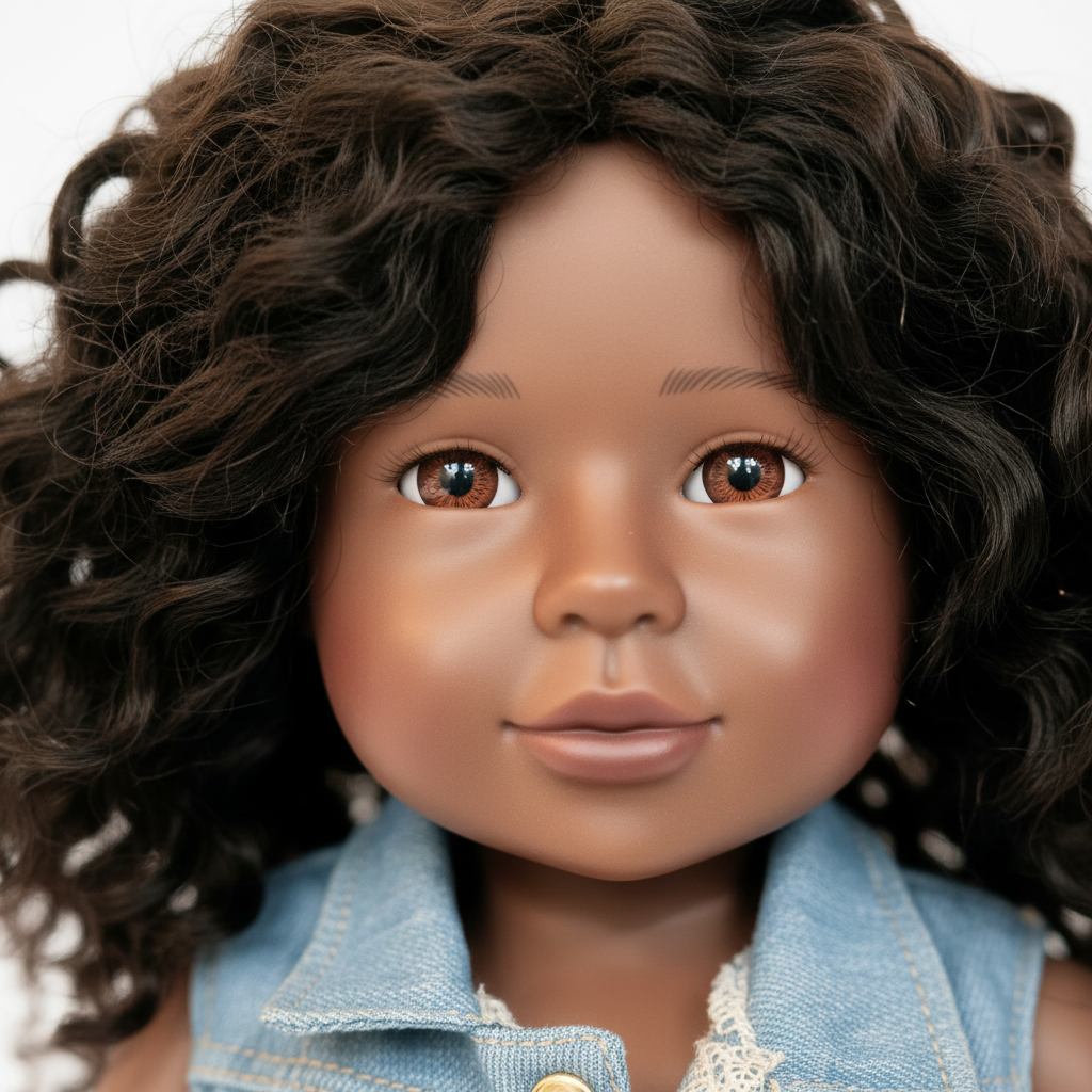 Close-up of London doll denim jumpsuit showing stitching details, buttons, and quality design