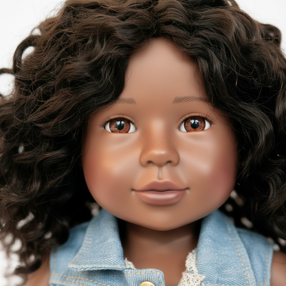 Close-up of London doll denim jumpsuit showing stitching details, buttons, and quality design