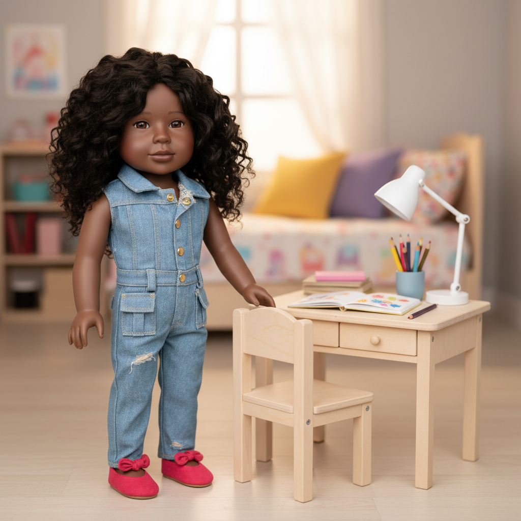 London doll standing in a playroom next to desk and chair, encouraging creative play and imagination