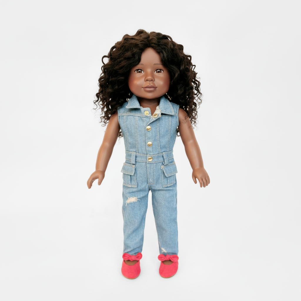 London Future Architect 18-inch doll with natural curly hair wearing denim jumpsuit and red shoes on white background