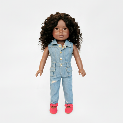 London Future Architect 18-inch doll with natural curly hair wearing denim jumpsuit and red shoes on white background