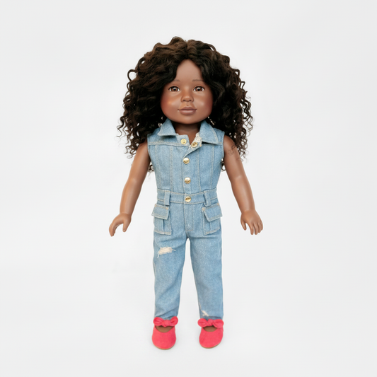 London Future Architect 18-inch doll with natural curly hair wearing denim jumpsuit and red shoes on white background