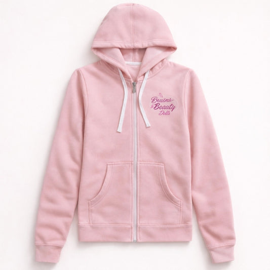 Pink Malia Confidence Hoodie for girls front view, soft kids zip hoodie with Brains and Beauty Dolls logo