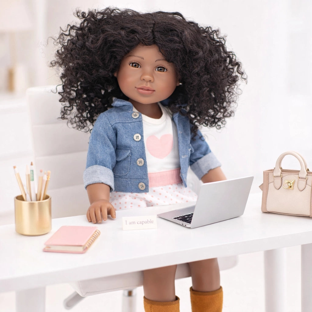 Malia Future CEO doll sitting at desk with notebook and laptop inspiring confidence leadership and imagination”