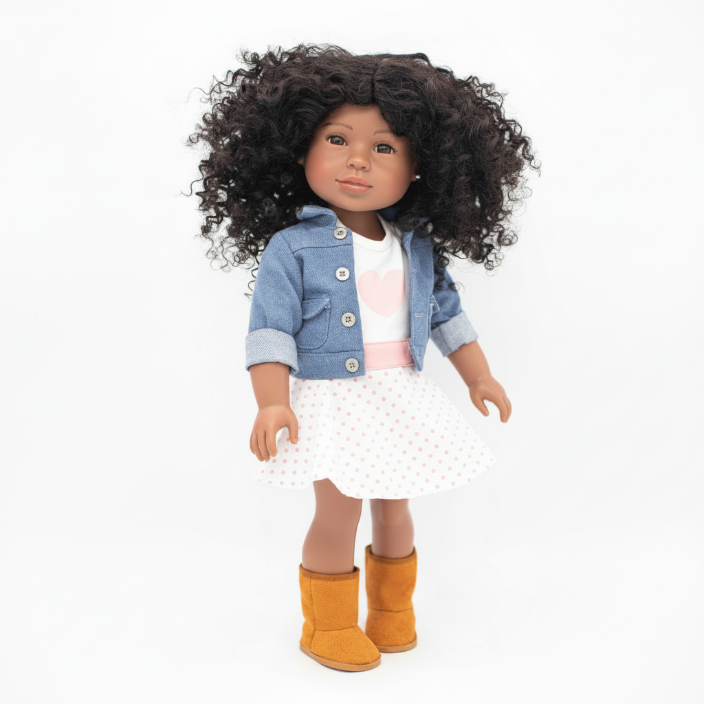Malia Future CEO doll for girls wearing denim jacket, tutu dress and boots with natural curly hai