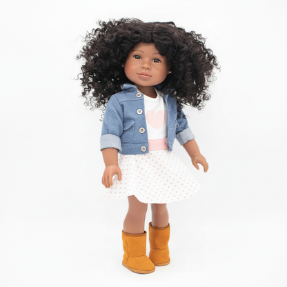 Malia Future CEO doll for girls wearing denim jacket, tutu dress and boots with natural curly hai