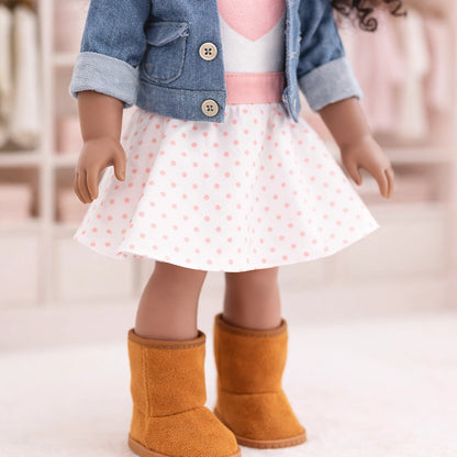 “18 inch doll outfit set with dress jacket and boots”
“doll wearing stylish outfit for 18 inch dolls”