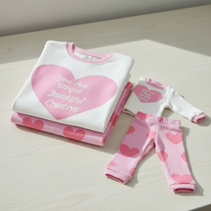 Folded matching girl and doll pajamas set with pink heart print and positive affirmation design, soft cotton sleepwear for kids and 18 inch doll