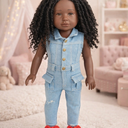 Denim Jumpsuit Outfit for 18” Dolls | Red Shoes Included