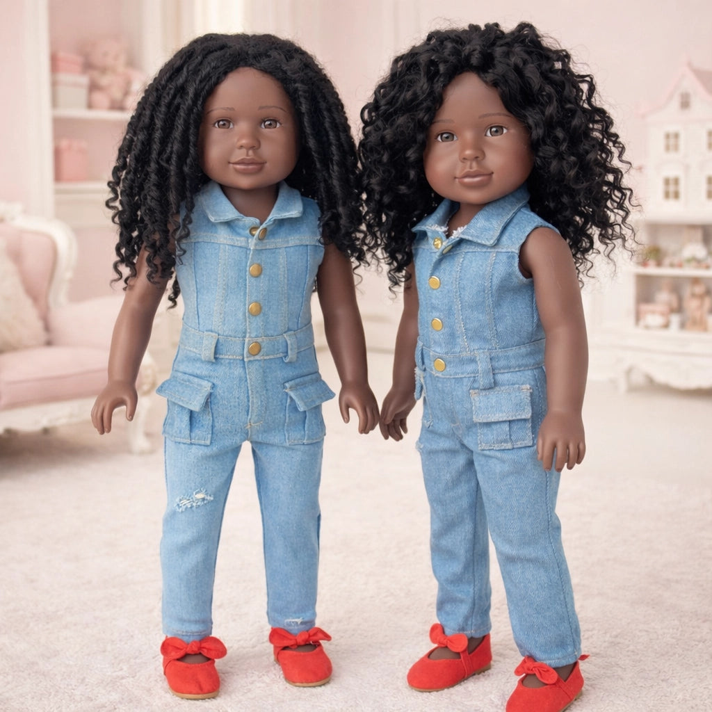 Denim Jumpsuit Outfit for 18” Dolls | Red Shoes Included